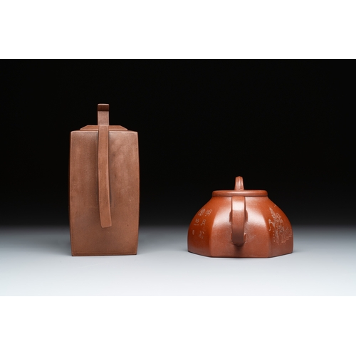 810 - Two Chinese Yixing stoneware teapots with inscriptions, Chen Mingyuan mark, 19th C.L.: 13,2 cm - H.:... 