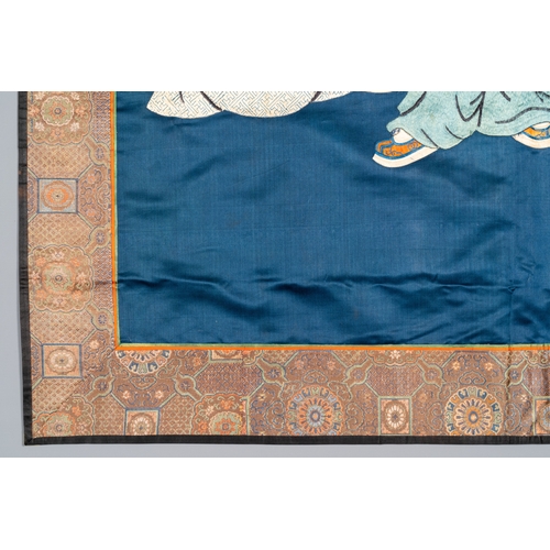 820 - Three Chinese embroidered silk cloths with figural designs, 19/20th C.Dim.: 110 x 68 cm (the Buddha)... 