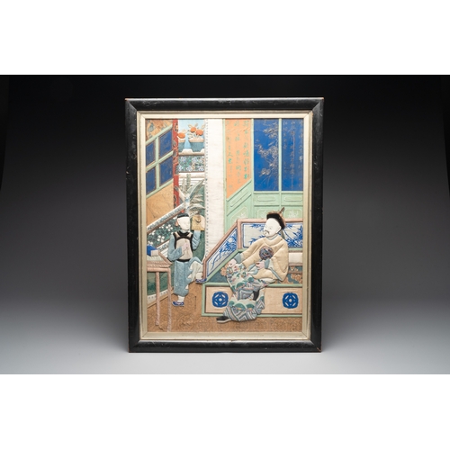 824 - Canton School: An official with his servant, mixed media, 19th C.Dim.: 71,5 x 55 cm (the frame) Dim.... 