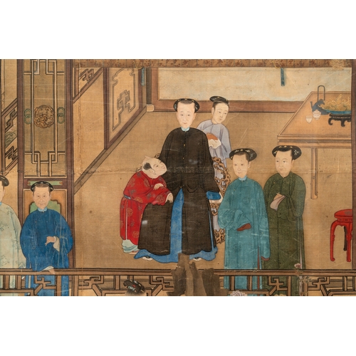 825 - Chinese School: 'Vibrant court scene with an emperor', ink and colour on silk, 18th C.Dim.: 125,5 x ... 