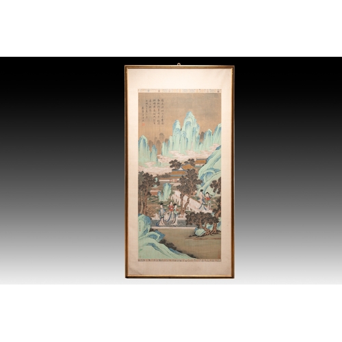 826 - After Qiu Ying (1494-1552): 'Mountainous landscape', ink and colour on silk, 19/20th C.Dim.: 168,5 x... 