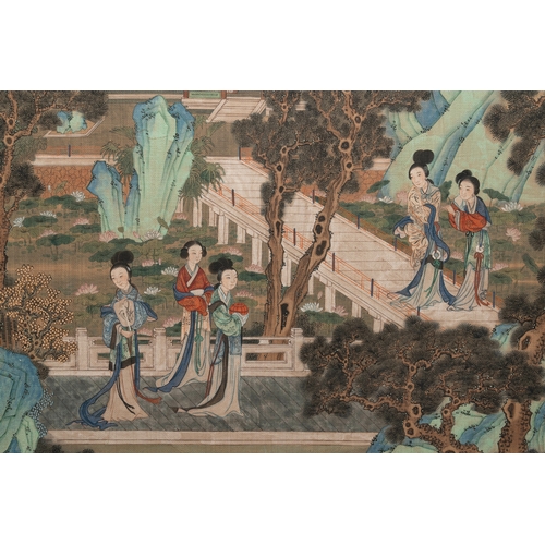 826 - After Qiu Ying (1494-1552): 'Mountainous landscape', ink and colour on silk, 19/20th C.Dim.: 168,5 x... 