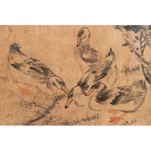 827 - Yang Han (1812-1879): Four geese below a hibiscus tree, ink and colour on paper, dated 1861Dim.: 169... 