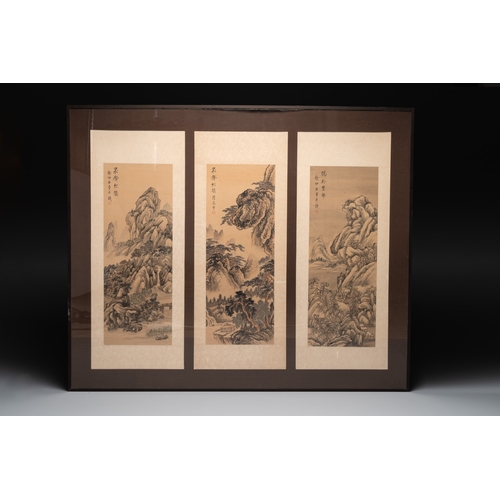 828 - Xu Zhongying (Qing): three 'landscape' works, ink and colour on silkDim.: 114 x 94 cm (the frameï¼ ... 