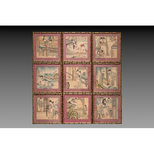 830 - Chinese School: Nine 'erotic' paintings, ink and colour on silk, 19th C.Dim.: 27 x 26,5 cm (the fram... 