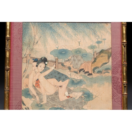 830 - Chinese School: Nine 'erotic' paintings, ink and colour on silk, 19th C.Dim.: 27 x 26,5 cm (the fram... 