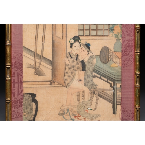 830 - Chinese School: Nine 'erotic' paintings, ink and colour on silk, 19th C.Dim.: 27 x 26,5 cm (the fram... 