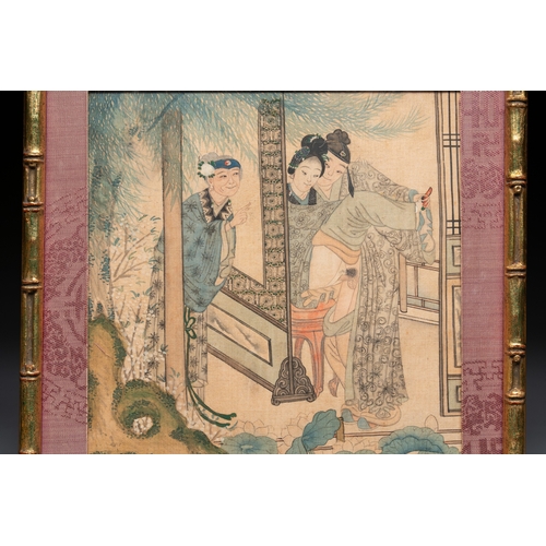 830 - Chinese School: Nine 'erotic' paintings, ink and colour on silk, 19th C.Dim.: 27 x 26,5 cm (the fram... 