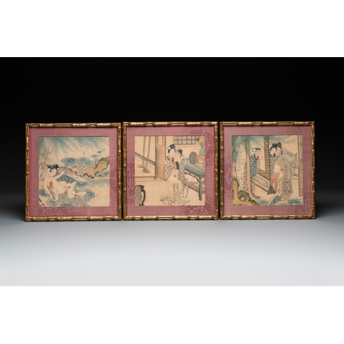 830 - Chinese School: Nine 'erotic' paintings, ink and colour on silk, 19th C.Dim.: 27 x 26,5 cm (the fram... 