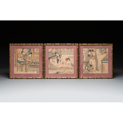 830 - Chinese School: Nine 'erotic' paintings, ink and colour on silk, 19th C.Dim.: 27 x 26,5 cm (the fram... 