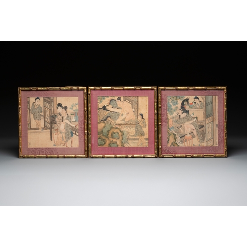 830 - Chinese School: Nine 'erotic' paintings, ink and colour on silk, 19th C.Dim.: 27 x 26,5 cm (the fram... 