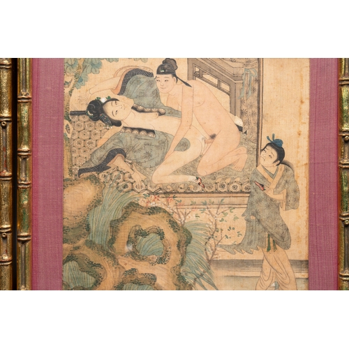 830 - Chinese School: Nine 'erotic' paintings, ink and colour on silk, 19th C.Dim.: 27 x 26,5 cm (the fram... 