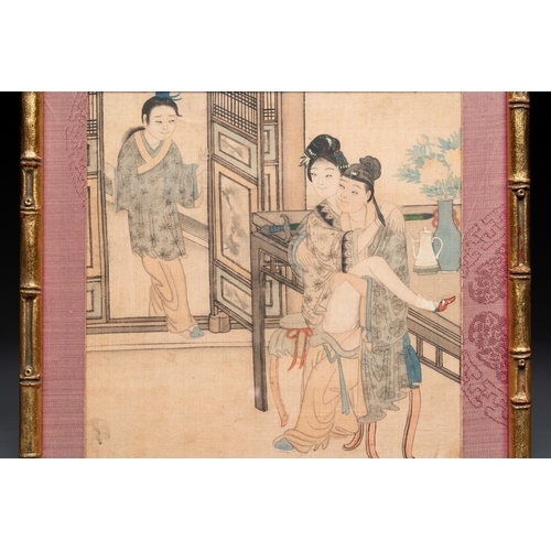 830 - Chinese School: Nine 'erotic' paintings, ink and colour on silk, 19th C.Dim.: 27 x 26,5 cm (the fram... 