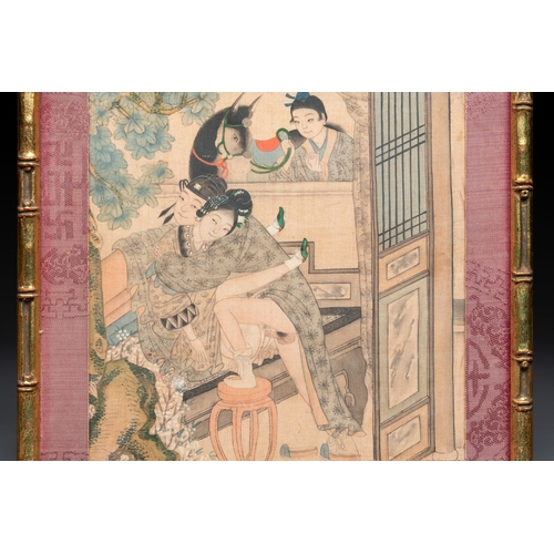 830 - Chinese School: Nine 'erotic' paintings, ink and colour on silk, 19th C.Dim.: 27 x 26,5 cm (the fram... 