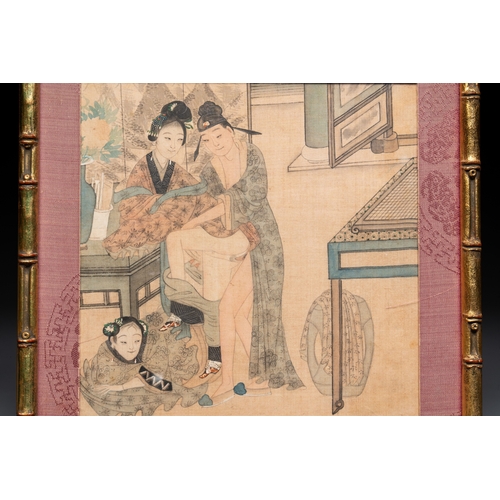 830 - Chinese School: Nine 'erotic' paintings, ink and colour on silk, 19th C.Dim.: 27 x 26,5 cm (the fram... 