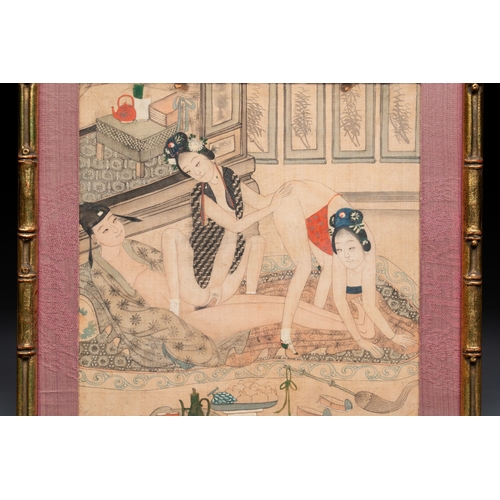 830 - Chinese School: Nine 'erotic' paintings, ink and colour on silk, 19th C.Dim.: 27 x 26,5 cm (the fram... 