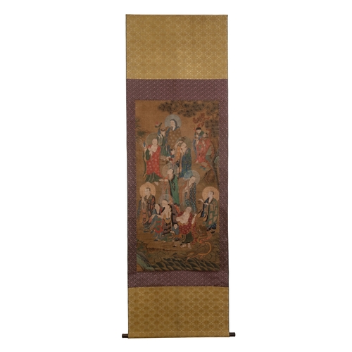 832 - Chinese School: 'Nine Luohan', ink and colour on silk, Qing or laterDim.: 263,5 x 93,5 cm (the scrol... 