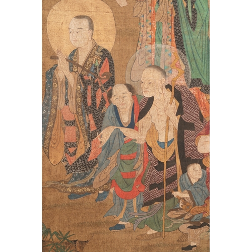 832 - Chinese School: 'Nine Luohan', ink and colour on silk, Qing or laterDim.: 263,5 x 93,5 cm (the scrol... 