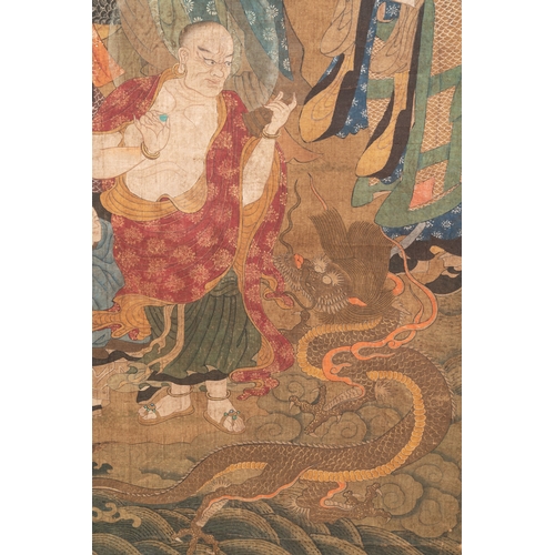 832 - Chinese School: 'Nine Luohan', ink and colour on silk, Qing or laterDim.: 263,5 x 93,5 cm (the scrol... 