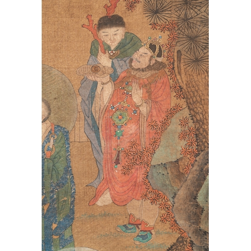 832 - Chinese School: 'Nine Luohan', ink and colour on silk, Qing or laterDim.: 263,5 x 93,5 cm (the scrol... 