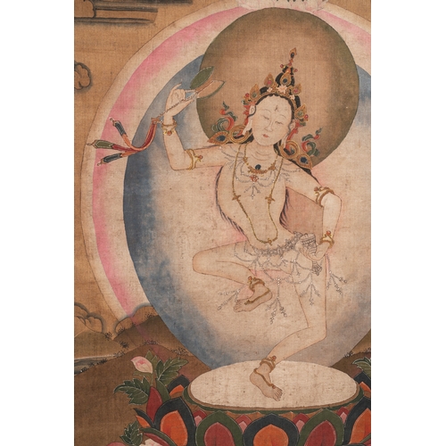 835 - Chinese School: 'White Tara', ink and colour on silk, Qing or laterDim.: 233,5 x 89,5 cm (the scroll... 