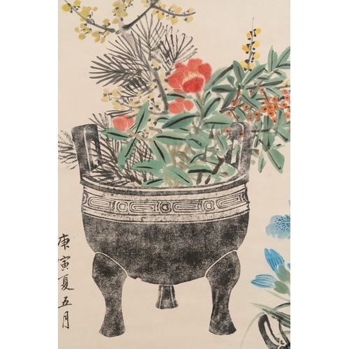 836 - Luo Zhenyu (1866-1940): 'Ritual vessels and flowers', ink and colour on paper, dated 1890Dim.: 218,5... 