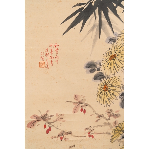 837 - Wang Xuetao (1903-1982): 'Rocks and flowers', ink and colour on paper, dated 1847Dim.: 216,5 x 80 cm... 