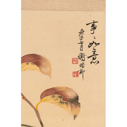 842 - Xiu Zhiliu (1910-1997): 'Kaki', ink and colour on silk, dated 1960Dim.: 193,5 x 44,5 cm (the scroll)... 