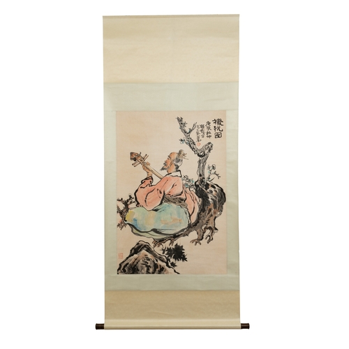 848 - Cheng Shifa (1921-2007): 'Pipa playing sage', ink and colour on paper, dated 2000Dim.: 185 x 80,5 cm... 