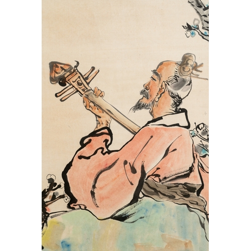 848 - Cheng Shifa (1921-2007): 'Pipa playing sage', ink and colour on paper, dated 2000Dim.: 185 x 80,5 cm... 