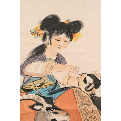 849 - Cheng Shifa (1921-2007): 'Shepherdess surrounded by three goats', ink and colour on paper, dated 197... 