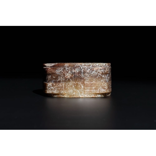 120 - A Chinese archaic russet jade Liangzhu-style cong with a silk covered box, Liangzhu culture, Neolith... 