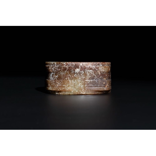 120 - A Chinese archaic russet jade Liangzhu-style cong with a silk covered box, Liangzhu culture, Neolith... 