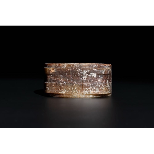 120 - A Chinese archaic russet jade Liangzhu-style cong with a silk covered box, Liangzhu culture, Neolith... 