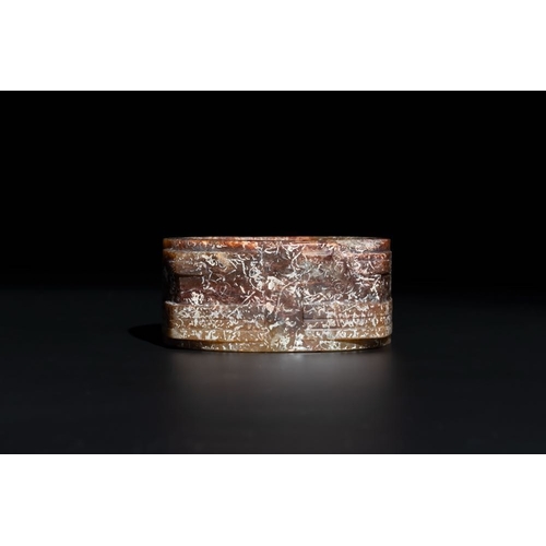 120 - A Chinese archaic russet jade Liangzhu-style cong with a silk covered box, Liangzhu culture, Neolith... 