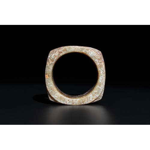 120 - A Chinese archaic russet jade Liangzhu-style cong with a silk covered box, Liangzhu culture, Neolith... 