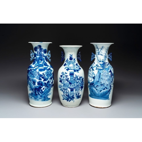 13 - Three Chinese celadon-ground blue and white vases, 19th C.H.: 57,8 cm (the tallest)H.: 55 cm (the sm... 