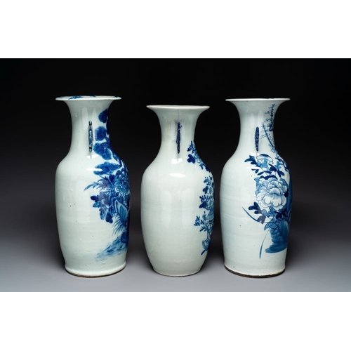 13 - Three Chinese celadon-ground blue and white vases, 19th C.H.: 57,8 cm (the tallest)H.: 55 cm (the sm... 