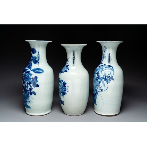 13 - Three Chinese celadon-ground blue and white vases, 19th C.H.: 57,8 cm (the tallest)H.: 55 cm (the sm... 