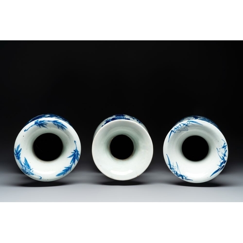 13 - Three Chinese celadon-ground blue and white vases, 19th C.H.: 57,8 cm (the tallest)H.: 55 cm (the sm... 