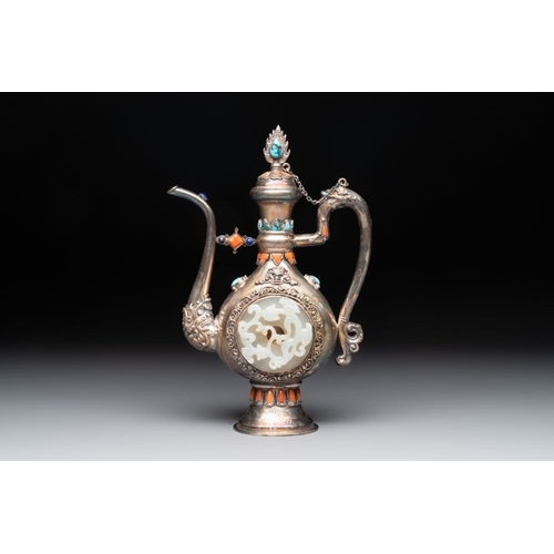 131 - A Chinese jade-inset and hardstone-inlaid silver ewer and cover in Mongolian style, 19th C.L.: 15,5 ... 