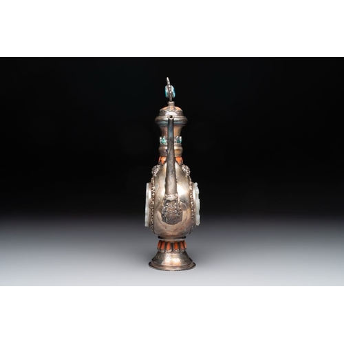 131 - A Chinese jade-inset and hardstone-inlaid silver ewer and cover in Mongolian style, 19th C.L.: 15,5 ... 