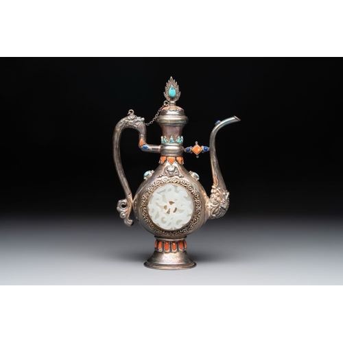 131 - A Chinese jade-inset and hardstone-inlaid silver ewer and cover in Mongolian style, 19th C.L.: 15,5 ... 