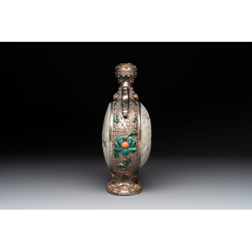 132 - A Chinese jade-inset and hardstone-inlaid silver moonflask and cover in Mongolian style, 19th C.H.: ... 