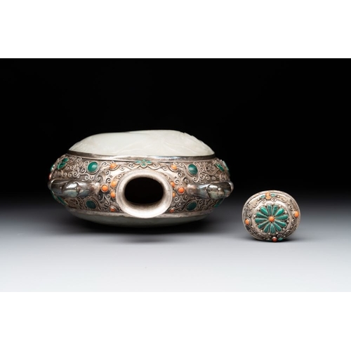 132 - A Chinese jade-inset and hardstone-inlaid silver moonflask and cover in Mongolian style, 19th C.H.: ... 