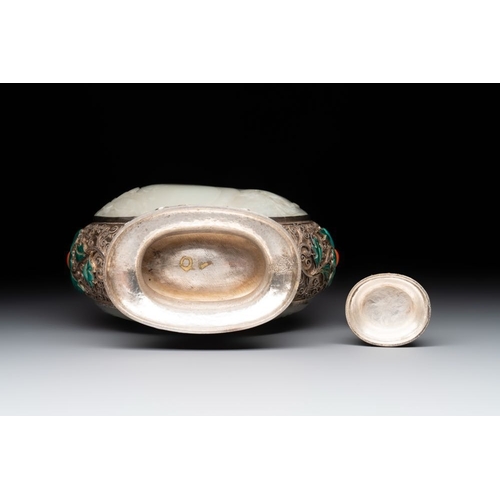 132 - A Chinese jade-inset and hardstone-inlaid silver moonflask and cover in Mongolian style, 19th C.H.: ... 