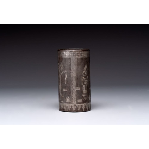 143 - A Chinese bronze tripod censer with cover and stand, a small tripod censer and a silver-inlaid iron ... 