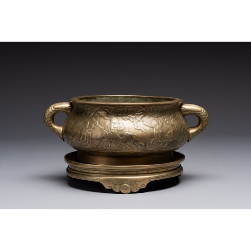 145 - A large Chinese bronze 'Eight Immortals' censer and stand, Xuande mark, 19th C.L.: 27,5 cm - H.: 15 ... 