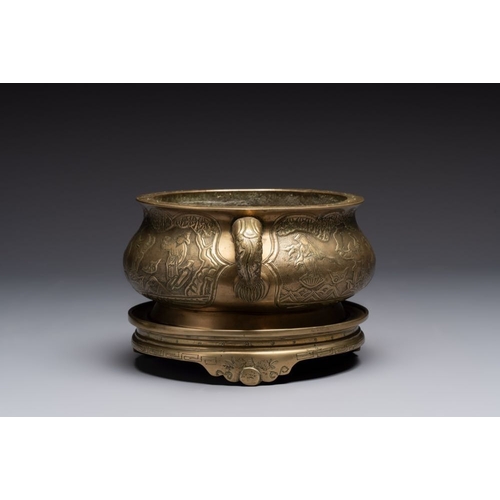 145 - A large Chinese bronze 'Eight Immortals' censer and stand, Xuande mark, 19th C.L.: 27,5 cm - H.: 15 ... 