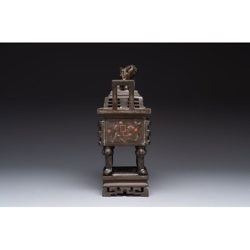 171 - A large Vietnamese copper- and silver-inlaid rectangular 'Buddhist lion' censer and cover on stand, ... 